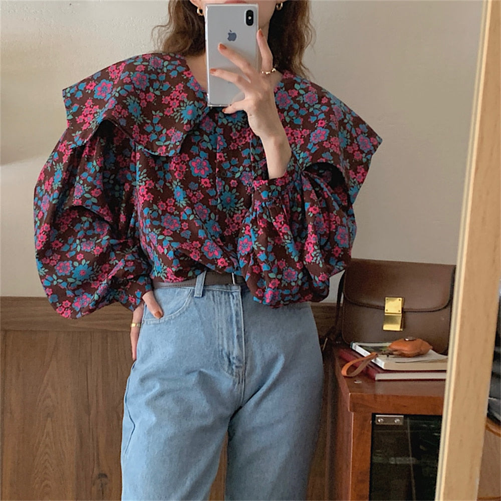 Peneran Florals Lapel Blouses Fashion Casual Women Chic New All Match Lady Printed 2022 Autumn Loose Sweet Streetwear Tops