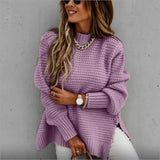 Christmas Gift Autumn Winter Women Knitted Sweater Mock Neck Casual Loose Basic Pullovers Warm Elegant Solid Batwing Sleeve Side Split Tops