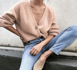 Peneran Casual V-neck Knitted Cardigans Women Lantern Sleeve Mohair Sweater Autumn Winter Female Solid Color Cashmere Jumpers xj1029