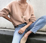 Casual V-neck Knitted Cardigans Women Lantern Sleeve Mohair Sweater 2023 Autumn Winter Female Solid Color Cashmere Jumpers