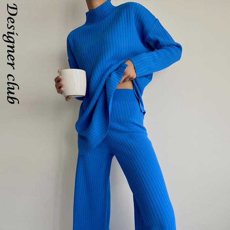 PENERAN Back To School Women Knitted Outfits Two Piece Set Solid Casual Pullover Tops Hight Waist Long Pants Suit Autumn Winter Oversized Sweater Suits