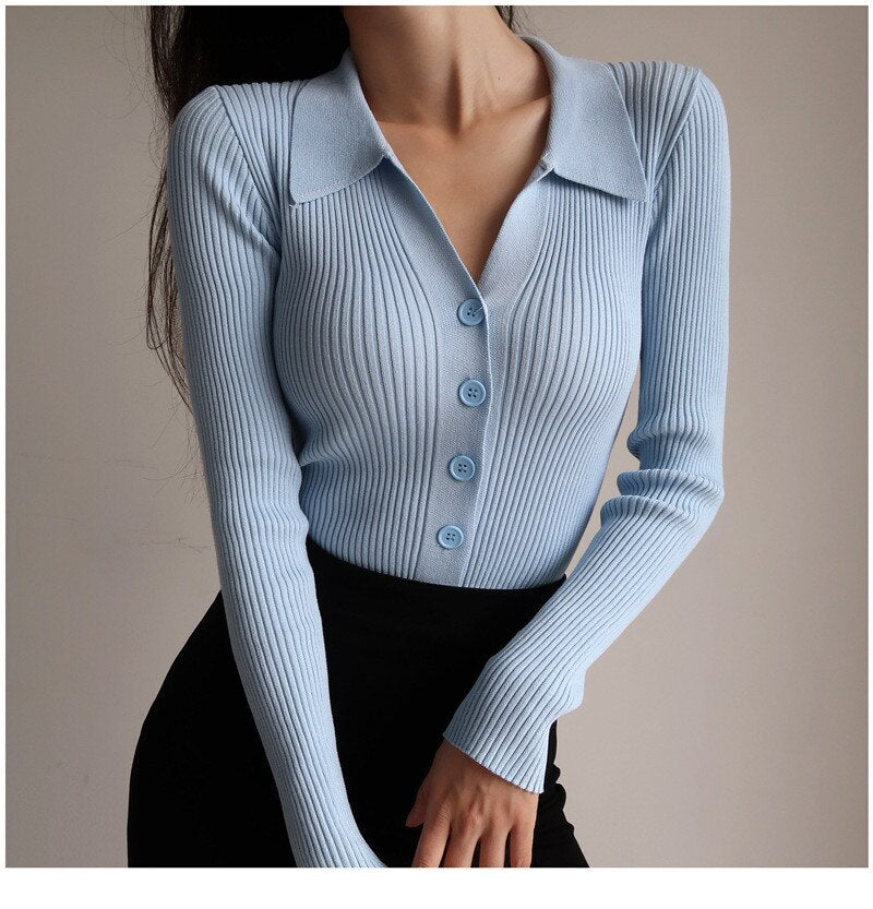 Christmas Gift Turn-down Collar Slim Cardigan Coat Pit Strip Buckle Sexy V-Neck Long Sleeve Knitted Cardigan Sweater