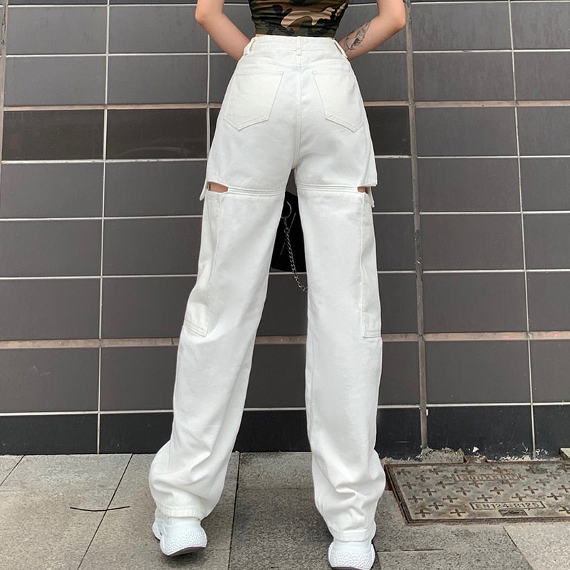PENERAN  2023  Vintage Hollow Out Women'S Jeans Plus Size Pockets White Harajuku Korean Baggy Straight Pants StreetWear Wide Leg Jeans