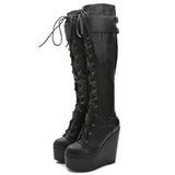 Big Size 35-43 Ladies Wedges High Heels Knee High Boots Cross Tied High Platform Boots Women Party Sexy Shoes Woman