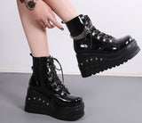 Brand Ladies Fashion Punk Chain Rivet Platform Ankle Boots Cross Tied Zip Wedges High Heels Women Boots Goth Street Shoes Woman