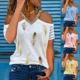 Peneran Summer V-Neck Off Shoulder Tops Feather Print T-Shirt Casual Women Shirt Vintage Loose Short Sleeve Pullover Tshirt