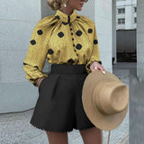 PENERAN 2022 Elegant Vintage Printed Stand-Up Collar Button Shirt + Fashion Pocket Shorts Suits Autumn New Long Sleeve Women 2 Piece Set