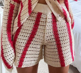 Peneran Knitted Hollow Out Women's Shorts Sets Long Sleeve Cardigan For Women And Red Stripe Shorts Loose Y2K 2024 Spring Casual Sweater
