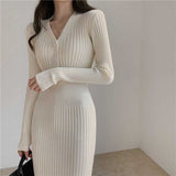 Christmas Gift 2021 Autumn Winter Women's Woolen V-neck Knitted Party Long Sleeve White Bodycon Casual Dress Elegant Ladies Dresses Harajuku
