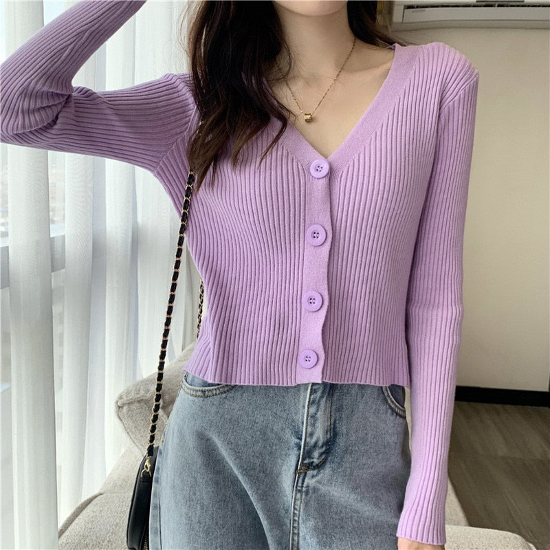 Christmas Gift Short V-neck Cardigan Slim Knitted Sweater Jacket Women Spring Autumn Long Sleeve Crop Top Mujer