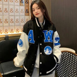 Women Letter Print Baseball Uniform 2022 Single Breasted Patchwork Oversize Jacket Korean Style Harajuku Unisex Bomber Coat