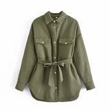 Women's Autumn Jacket With Belt Pocket Thin Parkas Khaki Female Winter Shirt Parka Coats Armygreen Oversized Winter Outwears