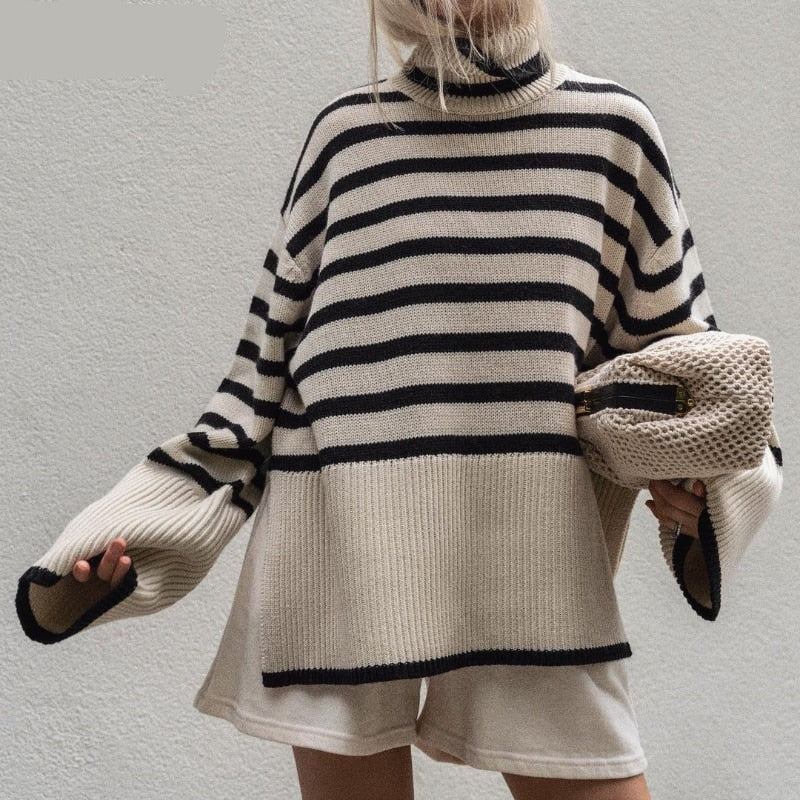 Striped Sweater Women Boho Turtleneck Long Sleeve Oversized Pullover 2022 Winter Plus Szie Tops