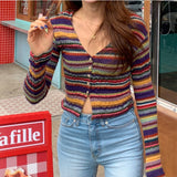 PENERAN 2022 Womens Vintage Multi Striped Cardigan Button Up Crop Sweater Slim Fit Knitted Top Korean Fashion Alternative Girl Outfit