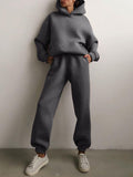 Peneran Women Fleece Two Piece Sets Elegant Solid Color Oversized Warm Hoodies And Long Pant Sports Suit Autumn Winter Tracksuit 2022