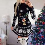 Christmas Gift Christmas Dresses for Women 2021 Elk Santa Print Long Sleeve Casual Mini Dress Slim Fit Pleated Dress Plus Size Vestidos