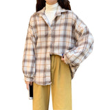 Women Blouses Turn-down Collar Spring Shirt Plaid All-match BF Batwing-sleeve Loose Outwear Harajuku Female 4 Color Chic