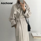 Women Elegant Long Wool Coat With Belt Solid Color Long Sleeve Chic Outerwear Ladies Drop Shoulder Overcoat 2021 1119