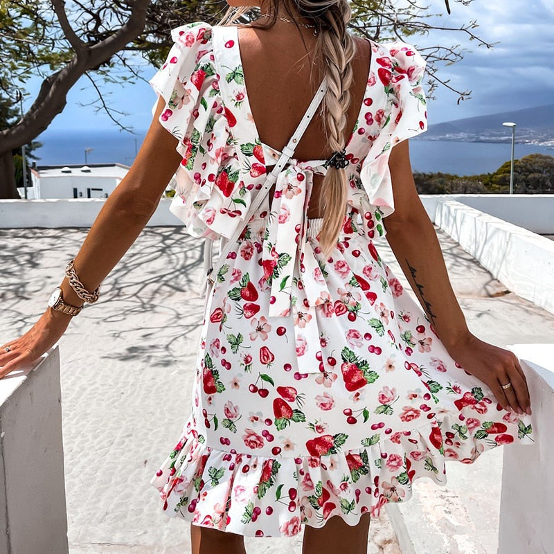 PENERAN Summer Butterfly Sleeve Floral Print Dress 2022 Women Ruffle Square Collar Back Lace-Up Sundress Boho A Line Beach Party Dress