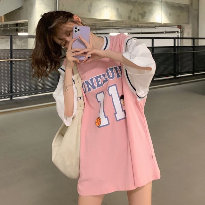 Peneran T Shirt For Women Long Patchwork Basketball T-shirt Female White Jersey Short Sleeve Student Korean Loose Summer Top