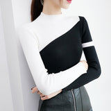 PENERAN Women Sweater Fashion Half Turtleneck Patchwork Autumn Long Sleeve Knitted Jumper Causal Chic Slim Korean Ladies Top