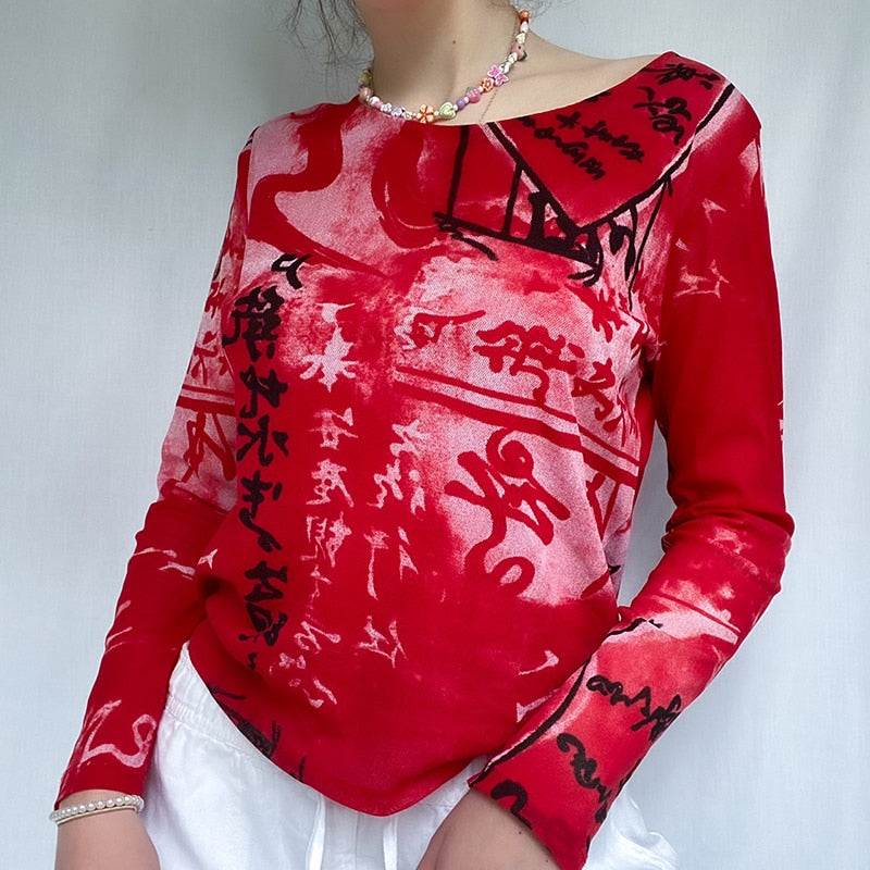 90s Vintage Harajuku Gothic T-shirt Y2K Aesthetic Graphic Print Long Sleeve Cropped Top Women Sweats Red Tees E-girl Streetwear