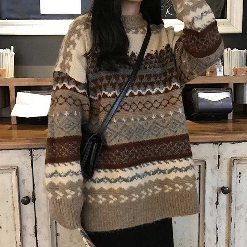 Christmas Gift Vintage Sweaters Women Pullover Winter Striped Jumpers Korean Style Loose Pullover Knitwear Casual Loose Sweater Pull Femme