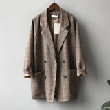 Vintage Plaid Blazer Jacket For Women Loose Long Sleeve Office Coat With Pockets Casual Double Breasted Outerwear Tops
