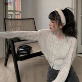Thanksgiving Day Gifts Cardigans Women Solid Retro Pearls Hollow Out Sweet Princess Chic Kawaii All-Match Elegant Korean Style Crop Tops Fairy Sweater