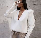Christmas Gift  Venetian Farbic Sweatshirt Women High Street Sexy V-Neck WIth Shoulder Pads X-Long Sleeve Tops Solid Softy Simple Tees