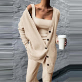 Peneran Spring Solid Rib Knitted 3 Piece Sets Women Elegant Strapless Top And Long Pants Suit Sexy Single Breasted Long Cardigan Outfits