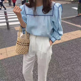 Peneran Chic Early Autumn Preppy Style Color-Hit Sweet Fashion Women Sailor Collar Tops Fresh Puff-Sleeved All-Match Shirts
