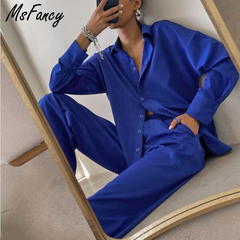Christmas Gift  Summer Pant Sets Women Long Sleeve Shirt Elastic Wait Wide Leg Trousers 2 Pieces Sets 2021 Female Casual Outfit