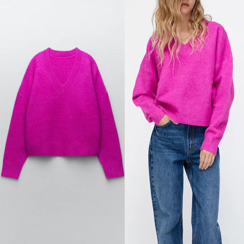 Christmas Gift 2021 Winter Soft Knit Sweater Woman Long Sleeve V Neck Ribbed Sweaters Fuchsia Knitted Tops Female Vintage Fitted Pullover