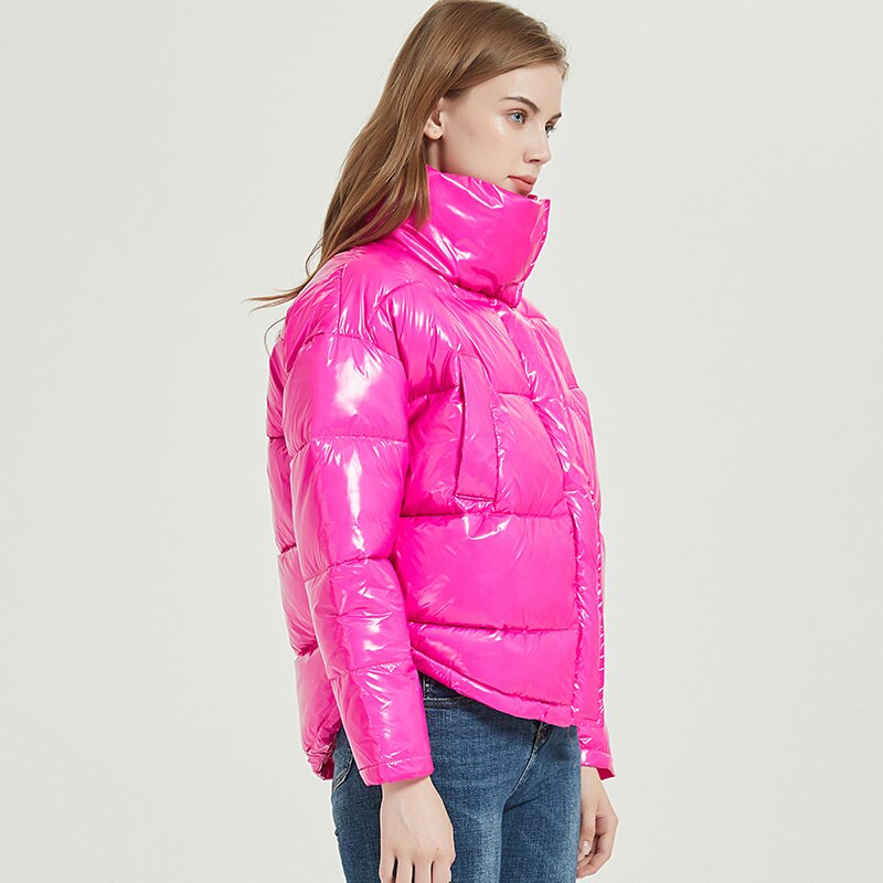 Christmas Gift Winter Glossy Jacket For Women  Rose Red Parka Female Bread Winter Down Parkas Parka Cotton Padded Shiny Waterprooft Coat