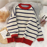 Christmas Gift  Striped Sweater Women Casual Loose Pullover O-neck All-match Knitted Top Jumper Fall Long Sleeve Chic Knit Sweaters