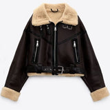 Faux Leather Suede Jacket Women Fleece Shearling Sheepskin Retro Outerwear Coats Suede Fur Motorcycle ZA FW Woman Jackets Coat
