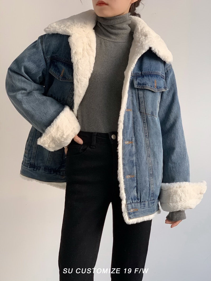 Christmas Gift Denim Jacket Women Vintage Long Sleeve Outerwear Chic Tops Female 2021Wool Liner Thicker Winter Denim Coats Size 3XL