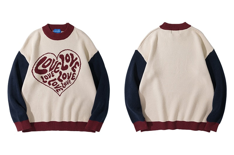 Women or Men Hip Hop Knitted Jumper Sweaters Cute Heart Letter Print Patchwork Streetwear Harajuku Autumn Casual Loose Pullovers