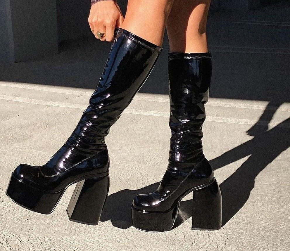 Design female thick high heels boots fashion  pu leather boots women 2022 party sexy shoes woman