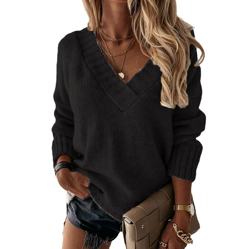 Christmas Gift Casual Pullover Sweater Women V Neck Knit Pullover Autumn Elegant Solid Knitwear Fashion Long Sleeved Thin Jumpers Pull Femme