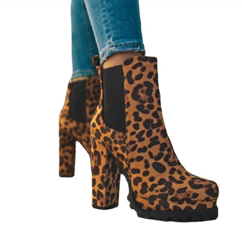 Thanksgiving Day Gifts  Women Ankle Boots Flock Leopard Slip On Short Boots Women's High Heels Platform Autumn Shoes Ladies Booties Retro Plus 43