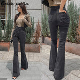 Gray Chic High Stretch Jeans Woman Fall 2021 High Waisted Denim Flare Pants Female Street Korean Y2k Mom Jeans Vintage