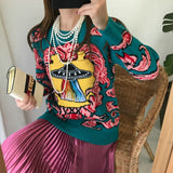 Harajuku Fashion Flying Saucer Embroidery Women Sweater Vintage Long Sleeve Chic Cartoon Pullover Knitted Sweater