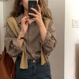 Checked Shirt Blouses Women Autumn Retro Plaid Shirts Korean Fashion Loose Preppy All-Match Long Sleeve Tops Blouses Jacket