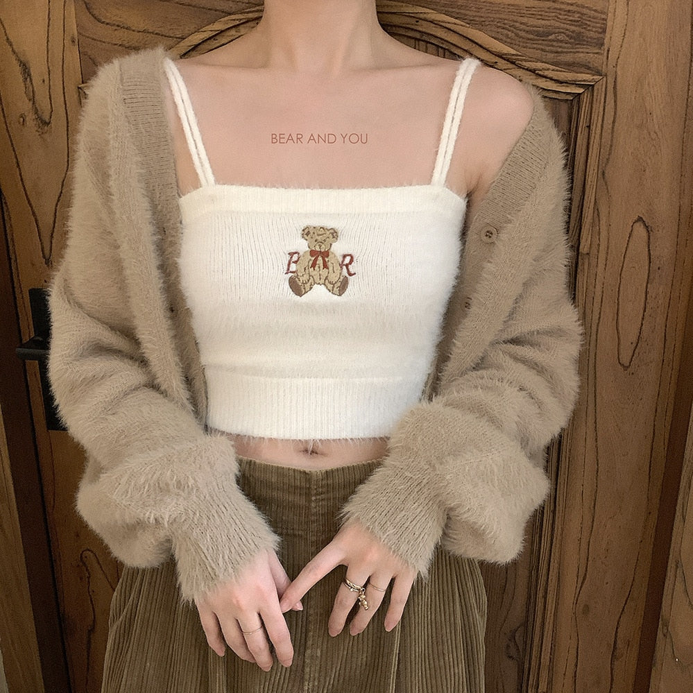 Thanksgiving Day Gifts Summer Kawaii Sweet Lace Teddy Bear Embroidery Crop Top Harajuku White Pink Cute Hairy Plush Corset Top New Femme Solid Tops New