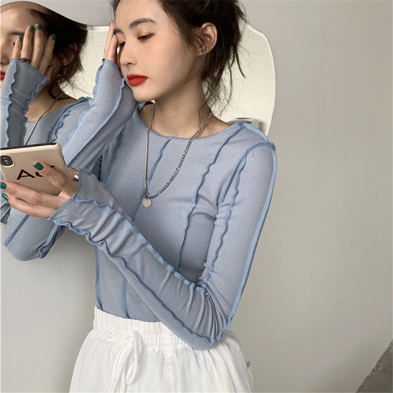 Skintight Sexy Women Blouse Korea Shirt Bottoming Tops Soft Knitted Female Shirts Blue Rose Spring Blouses Fashion Blusa Chic