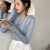 Skintight Sexy Women Blouse Korea Shirt Bottoming Tops Soft Knitted Female Shirts Blue Rose Spring Blouses Fashion Blusa Chic