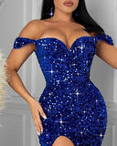 PENERAN 2022 Summer New Style Women's Fashion Casual Royal Blue Sexy One-Shoulder Sequined Tight-Fitting High Slit Dress