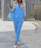 Graduation Gifts  Woman Two Piece Suit Buttons Solid Color Long Sleeve Lady Casual Suit Blazers Set